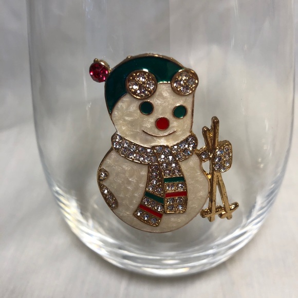 Pair of Jeweled Snowman Stemless Wine Glasses. Hand Wash Only! - Picture 5 of 6